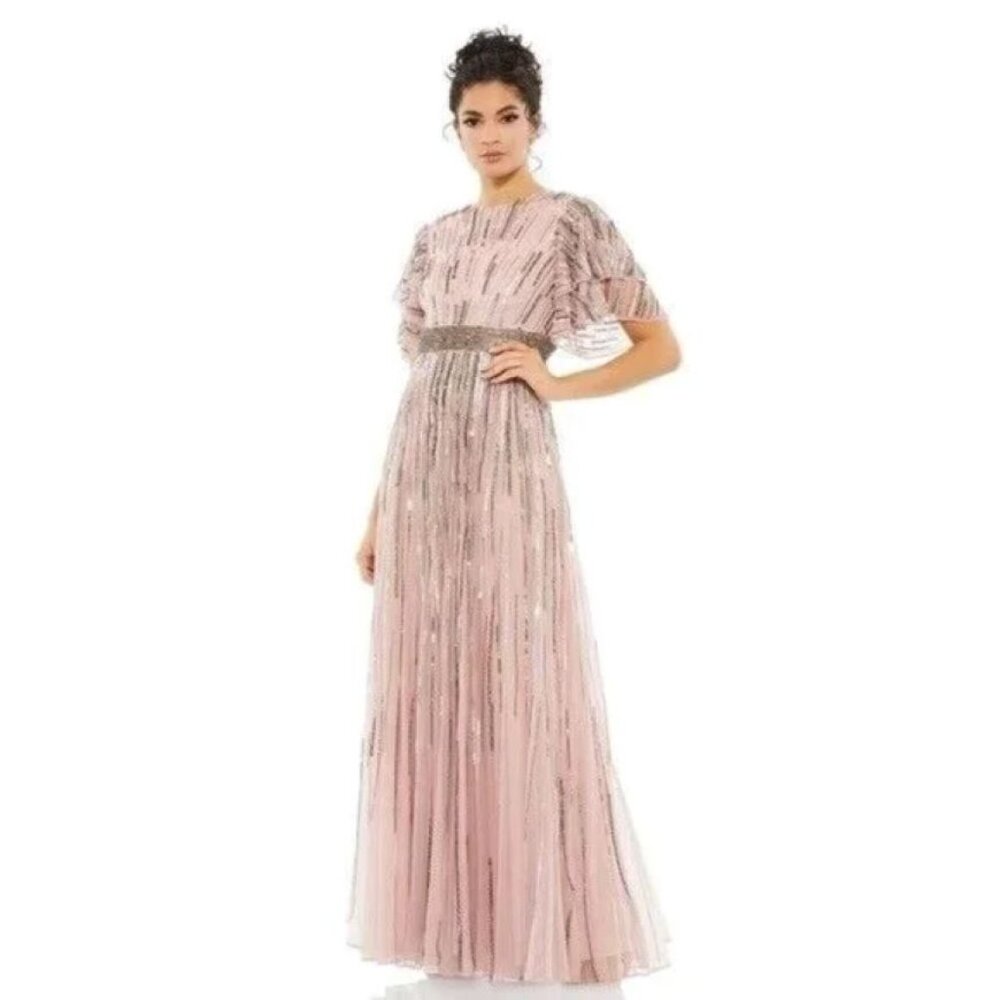 NWT Mac Duggal Embellished Full Length Layered Sleeve Gown 93582 Vintage Rose